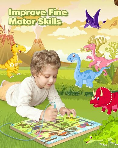 Magnetic Color and Number Maze,Dinosaurs Montessori Toys for 3+ Year Old Boys Girls, Fine Motor Skills Wooden Puzzles Board Games, Preschool Educational Learning Toys for Activities for Toddlers Kids in Kuwait
