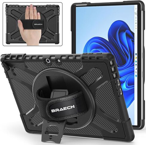 BRAECNstock for Microsoft Surface Pro 11/10/ 9 Case 13", Rugged Protective Case with Rotating Stand & Hand Strap, Pencil Holder, Compatible with Type Cover Keyboard, Black in Kuwait