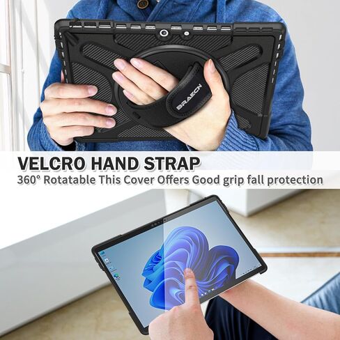 BRAECNstock for Microsoft Surface Pro 11/10/ 9 Case 13", Rugged Protective Case with Rotating Stand & Hand Strap, Pencil Holder, Compatible with Type Cover Keyboard, Black in Kuwait