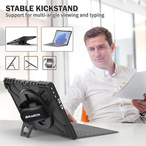 BRAECNstock for Microsoft Surface Pro 11/10/ 9 Case 13", Rugged Protective Case with Rotating Stand & Hand Strap, Pencil Holder, Compatible with Type Cover Keyboard, Black in Kuwait