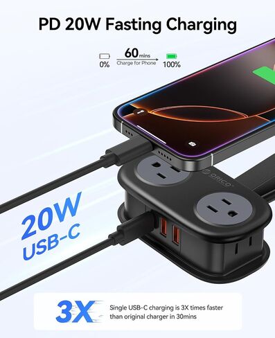 ORICO Travel Power Strip PD20W with 4 AC Outlets 3 USB Ports (1 USB-C), 4FT Flat Plug Extension Cord, Compact Portable Design for Business Travel, Cruise Ship Essentials(Black) in Saudi Arabia