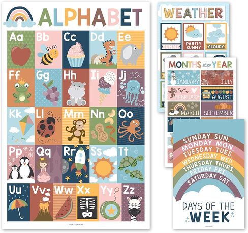 4 Retro Kids Educational Posters For Toddlers - Alphabet Poster For Toddlers, Days Of The Week For Kids, Months Of The Year For Classroom Decorations For Teachers, Kindergarten Homeschool Supplies… in Saudi Arabia