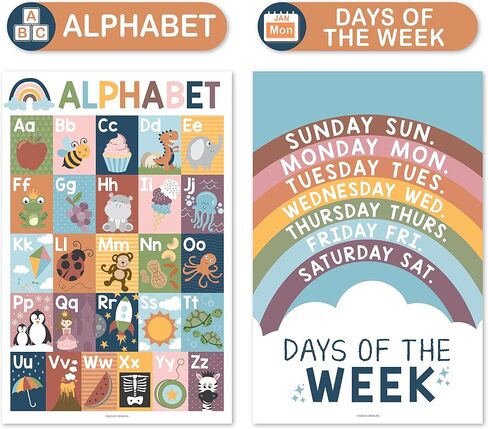 4 Retro Kids Educational Posters For Toddlers - Alphabet Poster For Toddlers, Days Of The Week For Kids, Months Of The Year For Classroom Decorations For Teachers, Kindergarten Homeschool Supplies… in Saudi Arabia
