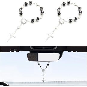 2 PCS Car Rosary for Rearview Mirror, Personalized Blessing Rear View Mirror Hanging Pendant, Auto Rearview Mirror Rosary Decoration, Vehicle Hanging Accessories for Women Men (Black & Pink)