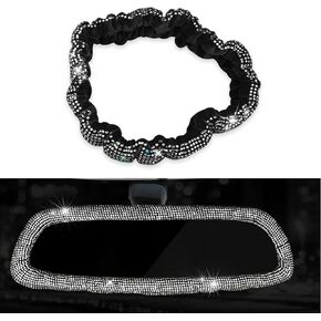 Fogfar 1 PC Bling Rear View Mirror Cover, Car Rearview Mirror Elastic Decorative Cover, Women's Full Drill Head Pillow Cover, Car Accessories Interior Trim, Fit for Women or Girls (Black)