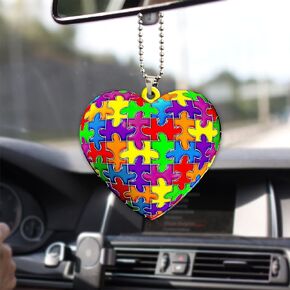 Talataca Autism Awareness Support Love Gift ASD Pattern Heart 2D Flat Car Rear View Mirror Accessories Christmas Tree Ornament Decoration Hanging Charm Interior Rearview Pendant Decor Gift