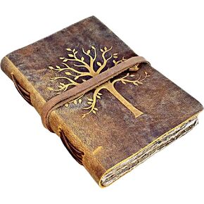 Vintage Leather Journal Tree of Life - Leather Bound Journals - Old Deckle Edge Paper Sketchbook or Watercolor Journal for Women Men - Book of Shadows Grimoire (9"x6") by Modest Goods in Kuwait