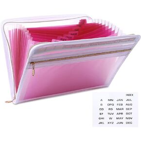 MEGREZ A4 Paper File Folder with 13 Pockets, Accordion File Folder with Zipper File Folder Organizer for Office, Waterproof Expanding File Folder with Tabs, Green & Pink(2 Packs)