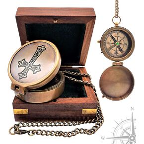 بوصلة بحرية على شكل صليب يسوع منقوش عليها بوصلة ملاحية بحرية عتيقة من النحاس الصلب مع صندوق خشبي in Kuwait