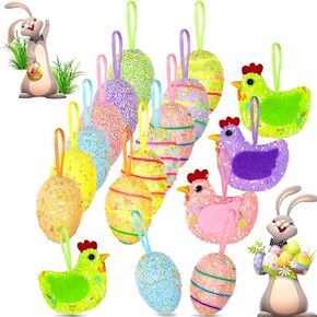 15Pcs Easter Egg Chicken Tree Ornaments Hanging Ornaments Colorful Foam Easter Premium Foam Glitter Artificial Eggs Easter Tree Decorations Home Party DIY Crafts