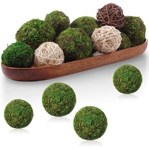 Set of 13 Natural Moss Ball Green Moss Decorative Ball Rattan Wicker Balls Round Rattan Balls Vase Bowl Filler Wooden Tray Oval Wood Tray 13.8 x 4.7 Inch for Garden Weddings Kitchen Table Decoration