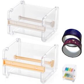 2 Pack Transparent Visible Desktop Washi Masking Tape Dispenser, Multi Tape Cutter,Roll Tape Holder, DIY Sticker Roll Tape Cutter Holder Storage (Include 2 Roll Masking Tape) (Beige Yellow)