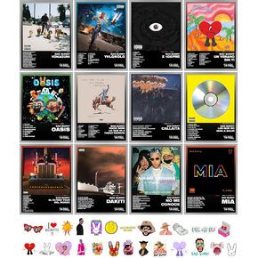 Unique America 12 Pcs| Posters, Album Cover Posters, Bad Bunny, Music Posters, Album Covers For Wall Decor, Bad Bunny Poster 12x16" Total 12 Bad Bunny album Poster & 25 Stickers Black Design Unframed