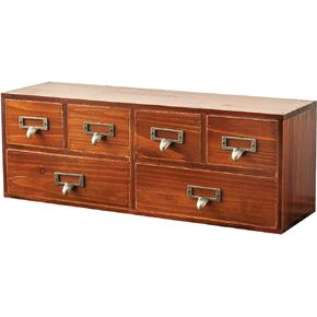 6-Drawer Vintage Desk Organizer Classic Brown Wood Storage Drawers for Tabletop - Slim Retro Style Desktop Organizing Cabinet with 6 Drawers - Office Study Table Wood Storage Box Organizer, 1-pack