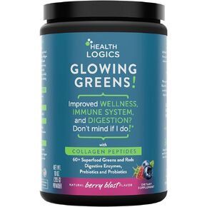 Glowing Greens Superfood Powder with Collagen Peptides, Digestive Enzymes, Prebiotics and Probiotics – Antioxidant, Improve Wellness, Immune, Digestive and Gut Health Support