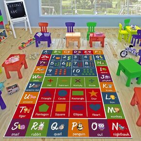 Kids ABC Educational Play Area Rug - Alphabet Number Symbol Shape Rug Carpet with Animals Vegetables Pattern - Non-Slip Floor Mat for Bedroom, Classroom, Playroom 31x47in in Kuwait