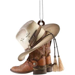 Car Rear View Mirror Pendant, Personalized Cowboy Boots and Hats Flat Acrylic Car Hanging Ornament Charm Auto Interior Rearview Decor Automotive Interior Mirrors Interior