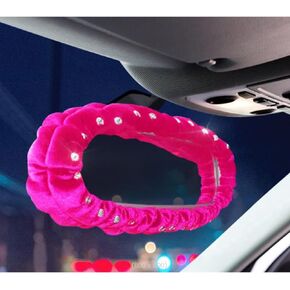 Plush Car Stretchy Rear View Mirror Cover with Rhinestone Decor for Women-Pink