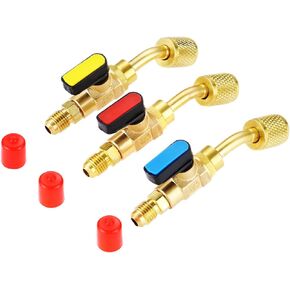 Air Conditioner Angled Compact Shut-Off Ball Valve R410A R134A HVAC Angled Shut-Off Ball Valve Adapter 1/4" SAE Refrigerant Brass Ball Valve for HVAC A/C R12 R22 R502 Charging Hose AC Refrigerant Tool