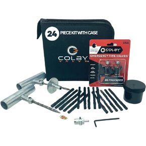 Complete Emergency Tire Repair Kit with Plugs | Includes Emergency Valve Stem Replacement Kit, 15 Tire Plugs, 2 Spare Schrader Valve Cores, Repair Accessories and Case