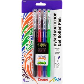 Pentel Arts Hybrid MATTEHOP Gel Roller, 1.0mm, Matte Black, Matte Red, Matte Blue, Matte Green, Pack of 4 Pens (K110VBP4M)