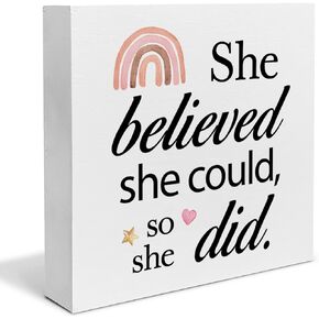 Boho Encouraging Wood Box Sign Desk Decor She Believed She Could So She Did Wood Block Sign Decor for Home Living Room Nursery Shelf Wall