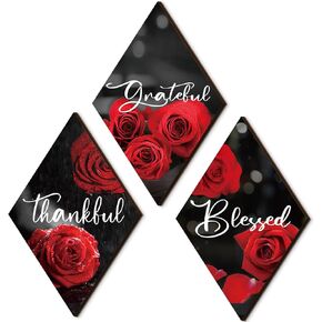 Lewtemi 3 Pcs Thankful Grateful Blessed Wooden Signs Rose Wooden Wall Decor Farmhouse Kitchen Wall Art Decor Inspirational Wall Art Signs Wall Signs for Room Front Door Home, 11"x7" (Lake Blue Rose)