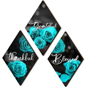 Lewtemi 3 Pcs Thankful Grateful Blessed Wooden Signs Rose Wooden Wall Decor Farmhouse Kitchen Wall Art Decor Inspirational Wall Art Signs Wall Signs for Room Front Door Home, 11"x7" (Lake Blue Rose)