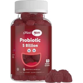 Maxi Yum - Probiotic Gummies with 5 Billion CFUs of Digestive Health Probiotics for Women & Men - Kosher Certified Natural Berry Flavor Gut Health Chewable Gummy Supplements, 60 Gummies