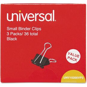 Universal 10200VP3 Small Binder Clips, 3/8-Inch Capacity, 3/4-Inch Wide, Black, 36/Pack