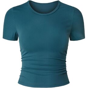 Kimmery Women's Summer Short Sleeve Crew Neck Ruched Stretch Fitted Crop Tops