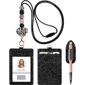 Teacher Lanyard for ID Badges and Keys, Cute Safety Breakaway Beaded Lanyards for Women, Nurses, Students, Office Employees with Bling Card Holder and Pen Holder (A)