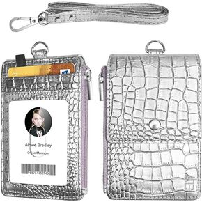 ELV Badge Holder with Zipper, PU Leather ID Badge Card Holder Wallet with 5 Card Slots, 1 Side RFID Blocking Pocket and 20 inch Neck Lanyard Strap for Offices ID, School ID, Driver Licence