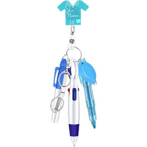 6 Pcs Nurse Badge Accessories Include Permanent Marker Pen, Highlighter, Retractable Ball Pen, Badge Clip Retractable, Foldable Scissors, LED Flashlight Keychain for Nurses Week(Black)