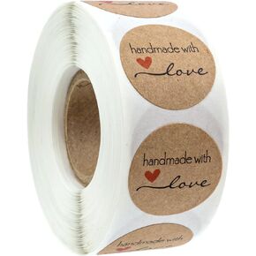 1" Round Natural Brown Kraft Handmade with Love Stickers/Roll of 1000 Labels/Homemade Handmade DIY Project Labels/Made in The USA