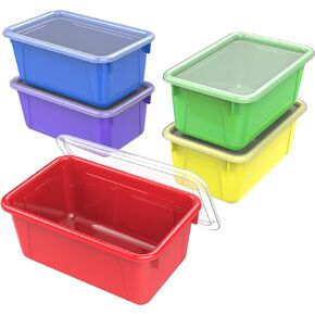 Storex Small Cubby Bins – Plastic Storage Containers for Classroom with Non-Snap Lid, 12.2 x 7.8 x 5.1 inches, Assorted Colors, 5-Pack (62406A05C)