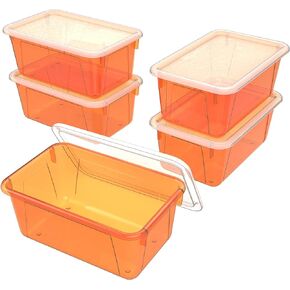 Storex Small Cubby Bins – Plastic Storage Containers for Classroom with Non-Snap Lid, 12.2 x 7.8 x 5.1 inches, Tint Orange, 5-Pack (62485U05C)