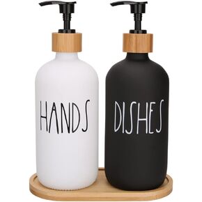 4 Pcs White and Black Hand and Dish Soap and Lotion Dispenser Set with Tray Farmhouse Decor for Bathroom Kitchen Sink