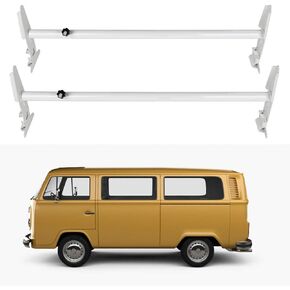 OCPTY Extendable Pick-Up Truck Ladder Rack Van Roof Mount 77" Steel Ladder Rack for Chevy Express for Dodge for Ford for GMC 77" with Rain Gutters (No Drilling) 2 Bars Set - White,800lbs Capacity