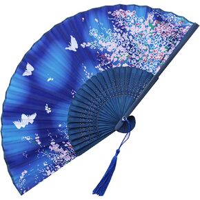 1Pc Folding Fan Handheld Fans Vintage Folding Hand Fans with Tassel,Hand Fans for Women Foldable,Plastic Hand Folding Fans for Home, Dancing, Party, Wedding Decoration Chinese Fans (Blue)