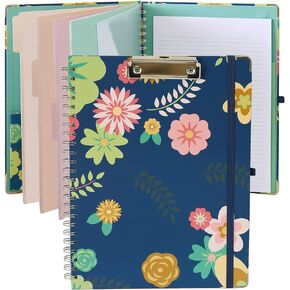 Clipboard Folio Spiral Folder Board,5 Extra Folders with 10 Storage Pockets,Refillable Lined Fillable Notepad,Folded Clipboard with Storage,Suitable for Office,School and Student (Green Flowers)