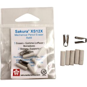 Sakura Mechanical Pencil Eraser Refills - Mechanical Pencil Erasers for Sakura XS-12 Pencil - 5 Erasers - 2 Metal Sleeves