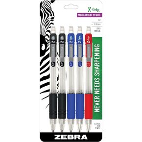 Zebra Z-Grip Mechanical Pencil, 0.7mm Point Size, HB #2 Graphite, Assorted Grip Colors, 5-Count