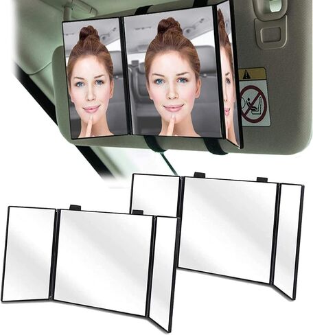 Zento Deals قناع السيارة لمستحضرات التجميل مرآة الزينة بمشبك على مرآة حاجب الشمس التلقائي - مرآة مكياج للسفر ثلاثية الطي مناسبة عالميًا لشاحنة السيارة وسيارات الدفع الرباعي RV Van Jeep Sun Car Visors Mirror (مرآة 1) in Kuwait