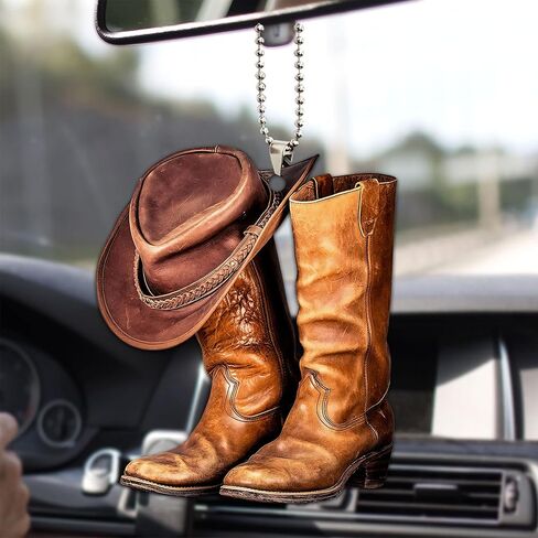 Talataca Cowboy Cowgirl Hat Boots Men Women Western Horse 2D Flat Car Rear View Mirror Accessories Christmas Tree Ornament Decoration Hanging Charm Interior Rearview Pendant Decor Gift in Saudi Arabia