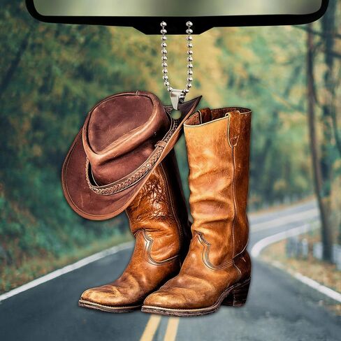 Talataca Cowboy Cowgirl Hat Boots Men Women Western Horse 2D Flat Car Rear View Mirror Accessories Christmas Tree Ornament Decoration Hanging Charm Interior Rearview Pendant Decor Gift in Saudi Arabia