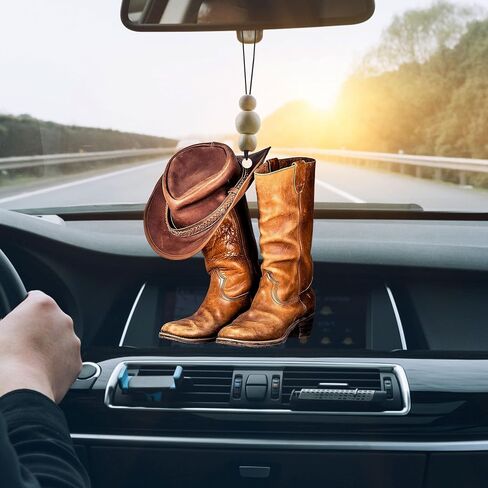 Talataca Cowboy Cowgirl Hat Boots Men Women Western Horse 2D Flat Car Rear View Mirror Accessories Christmas Tree Ornament Decoration Hanging Charm Interior Rearview Pendant Decor Gift in Saudi Arabia