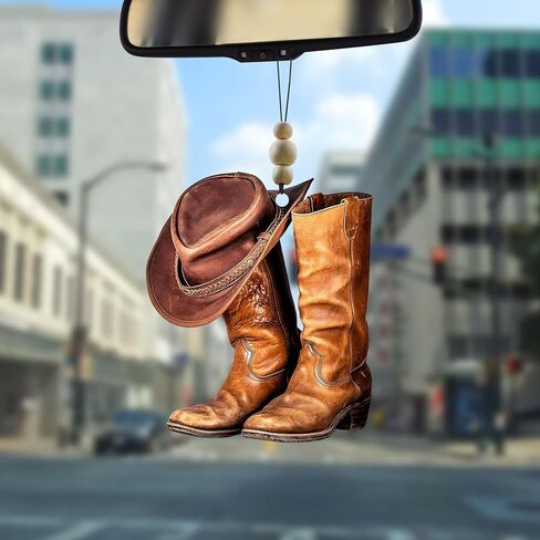 Talataca Cowboy Cowgirl Hat Boots Men Women Western Horse 2D Flat Car Rear View Mirror Accessories Christmas Tree Ornament Decoration Hanging Charm Interior Rearview Pendant Decor Gift in Saudi Arabia