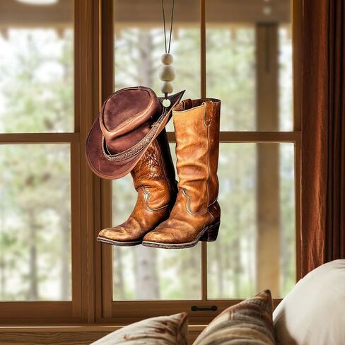 Talataca Cowboy Cowgirl Hat Boots Men Women Western Horse 2D Flat Car Rear View Mirror Accessories Christmas Tree Ornament Decoration Hanging Charm Interior Rearview Pendant Decor Gift in Saudi Arabia