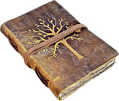 Vintage Leather Journal Tree of Life - Leather Bound Journals - Old Deckle Edge Paper Sketchbook or Watercolor Journal for Women Men - Book of Shadows Grimoire (9"x6") by Modest Goods in Saudi Arabia